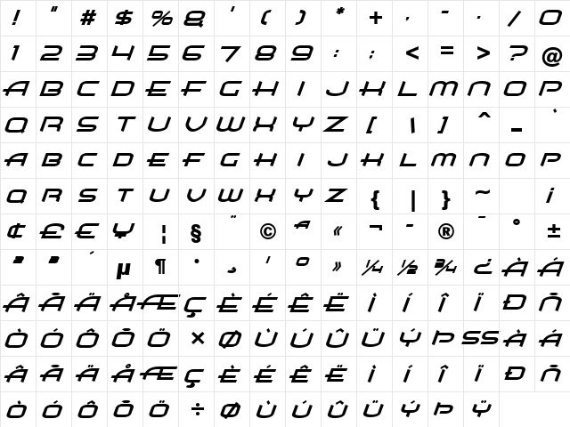 Air Flow BTN BoldOblique  glyph index