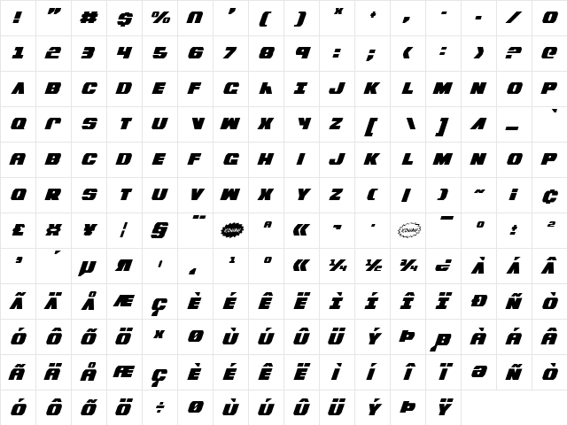 Bummer Condensed Italic Condensed Italic  glyph index