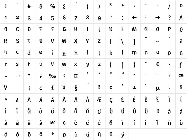 Xerxes Regular  glyph index