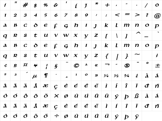 Leo Wide BoldItalic  glyph index