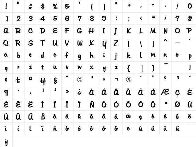 Hudson Bold  glyph index
