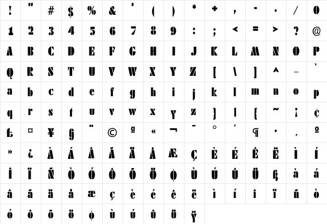 Dekoblack Cond  glyph index