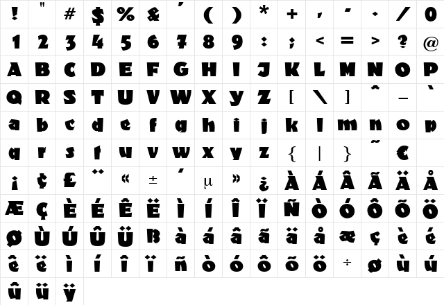 Bravour Regular  glyph index