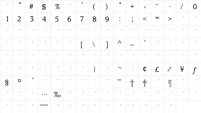ClaremontLtTab Regular  glyph index