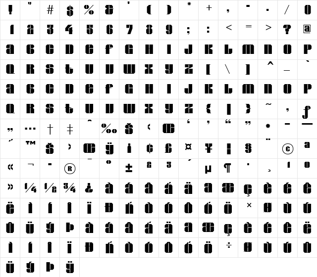 a_Glade Regular  glyph index