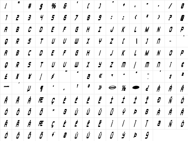 Blizzard Shaft Heavy Italic Regular  glyph index