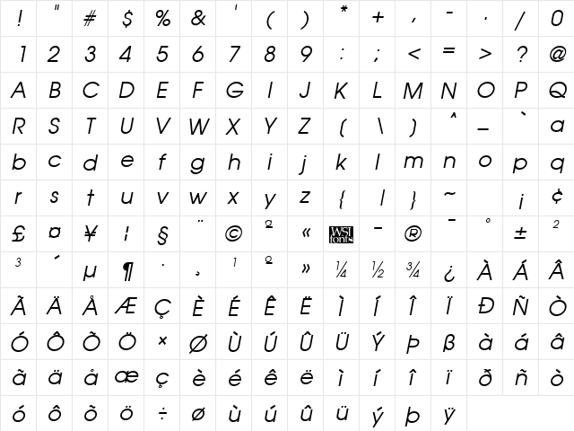 Avian Italic  glyph index