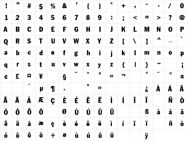 JackCondensed Regular  glyph index