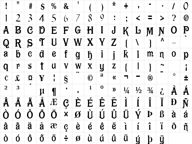 Dark Regular  glyph index