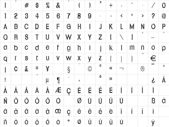 DowntownThin Normal  glyph index