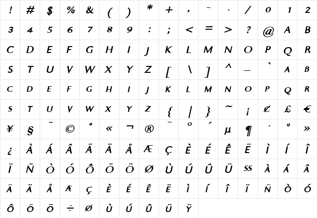 Ela Sans XBold Caps Italic  glyph index