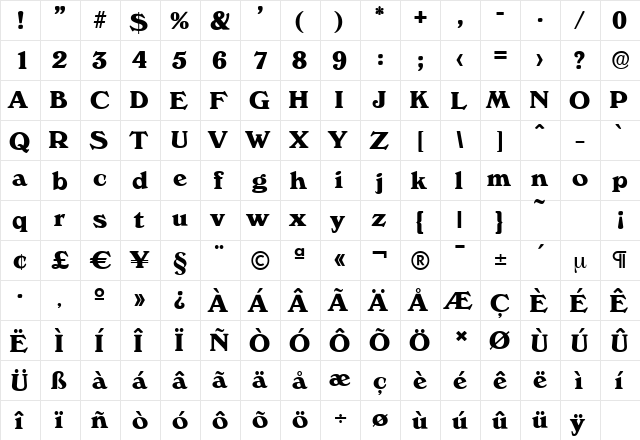VeronaSerial-Xbold Regular  glyph index