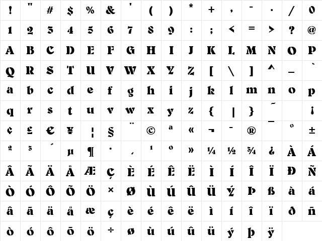 Benson-Stencil Bold  glyph index