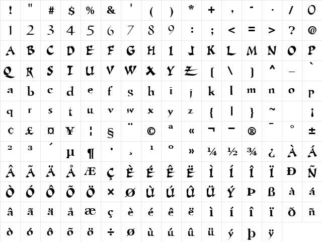 Royal Regular  glyph index