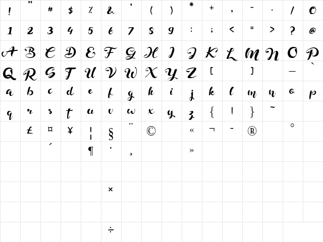 Delphine Regular  glyph index