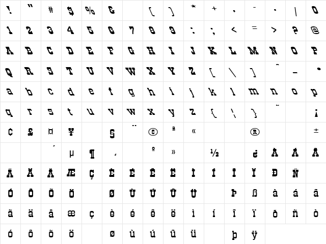 All Night 1 Regular  glyph index