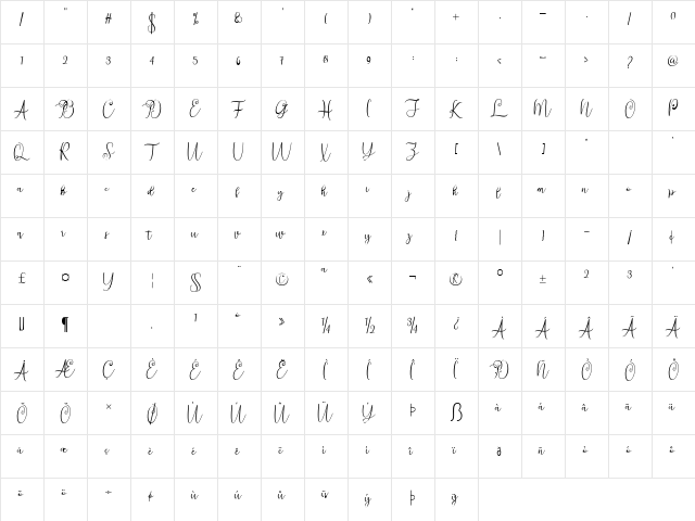 ningsih Regular  glyph index