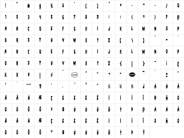 Bloodlust Condensed Condensed  glyph index