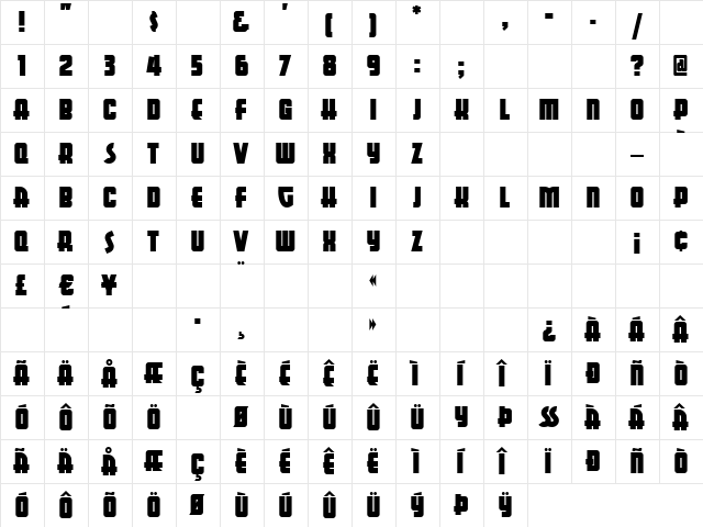 AerojonesNF Regular  glyph index