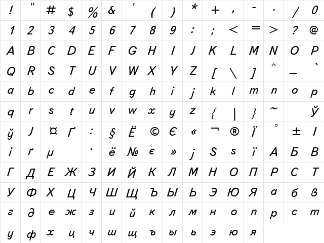 TextBook Italic Cyrillic  glyph index