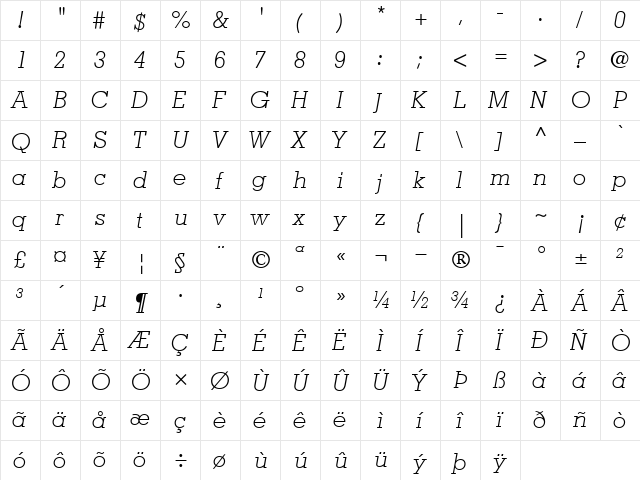 Memphis-Light LightItalic  glyph index