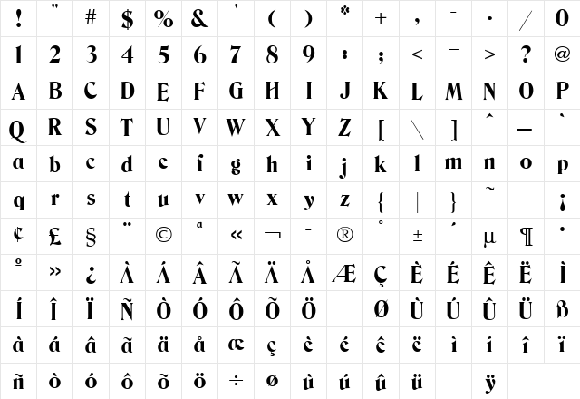 Bernase Regular  glyph index