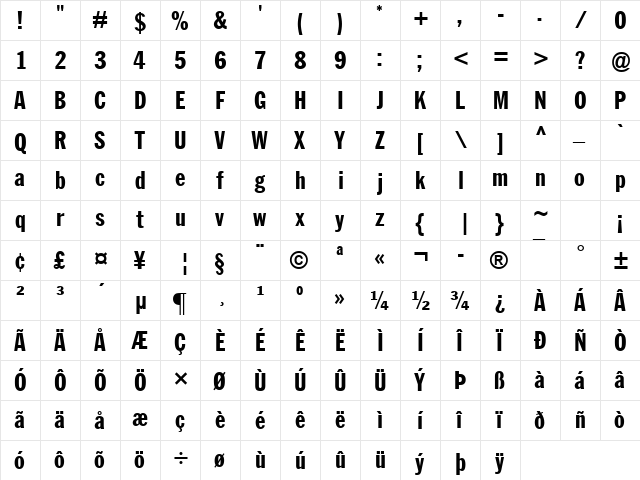 Franklin Goth Ext Condensed Regular  glyph index