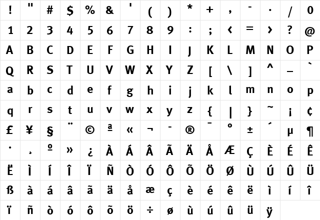 MetaBoldTurkLF Roman  glyph index