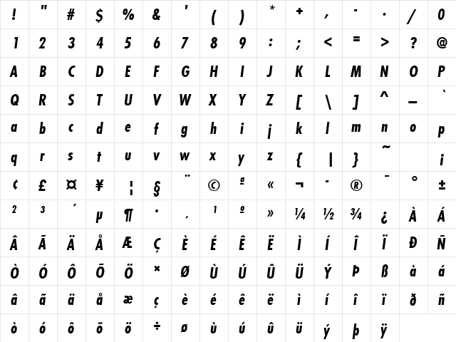 FuturaTBolCon Italic  glyph index