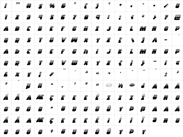 Racket Squad Halftone Italic Italic  glyph index