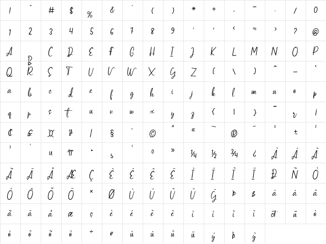 VerticaScripts Regular  glyph index