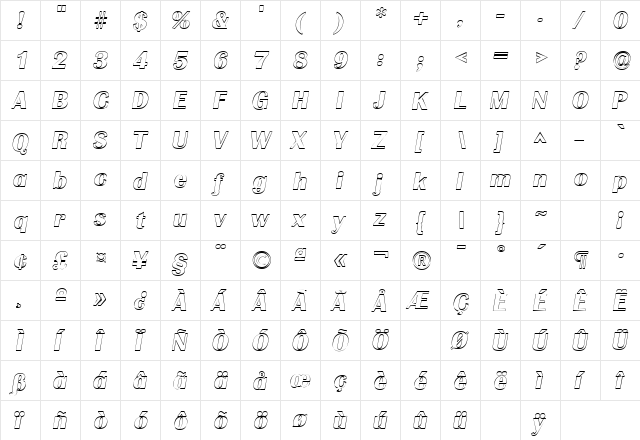 GrenobleOutline Italic  glyph index