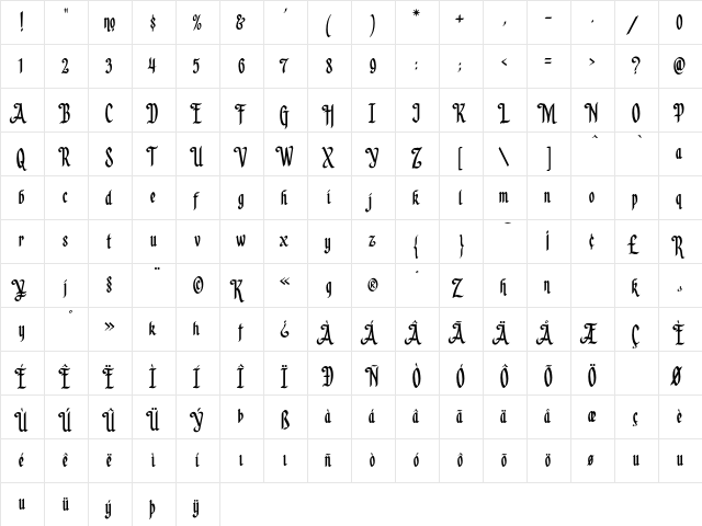 LHF Californian Light Regular  glyph index