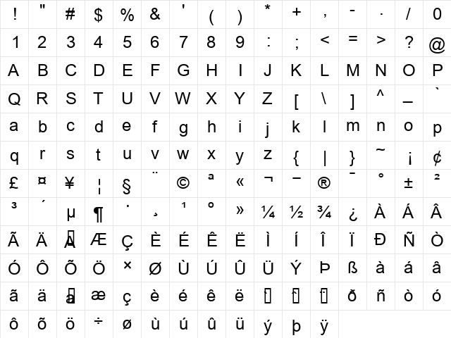 NunacomU Regular  glyph index