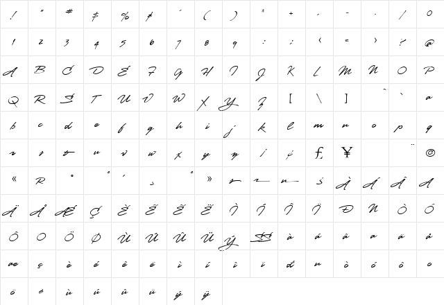 LHF Stanford Script Regular  glyph index
