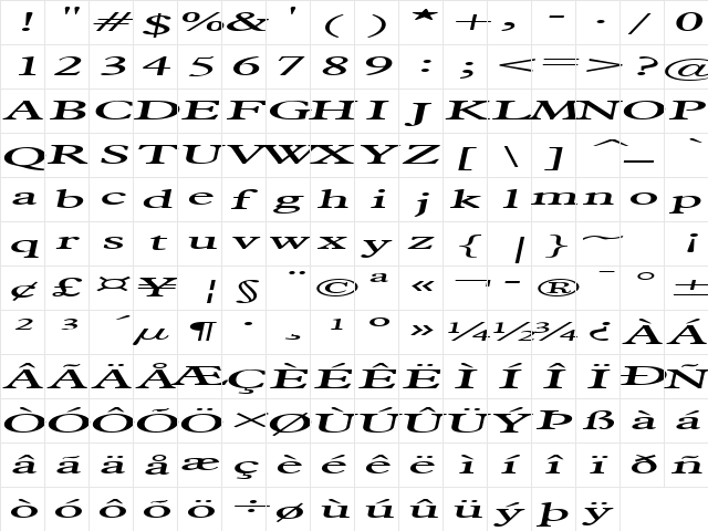 Nadine Extended Italic  glyph index