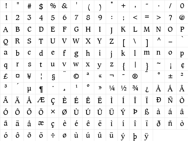 Caxton LT Book Regular  glyph index