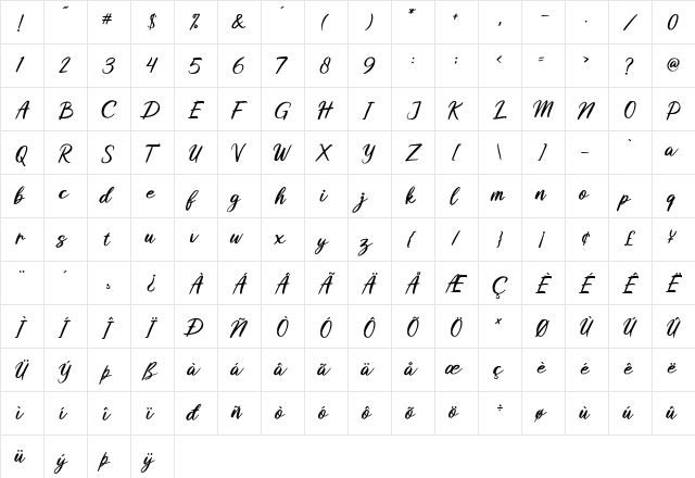 Butterly Regular  glyph index
