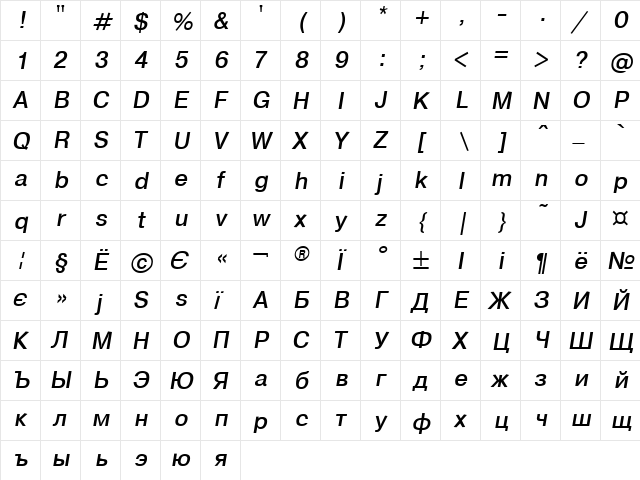 Geneve Italic  glyph index