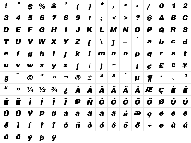 Helvetica-BlackItalic Regular  glyph index