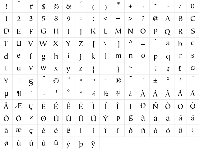 Mariposa Sans Std Book  glyph index