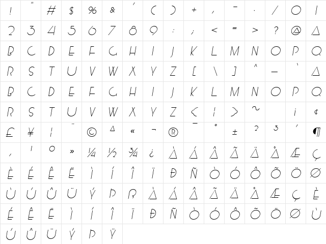 MossmanLight Oblique  glyph index
