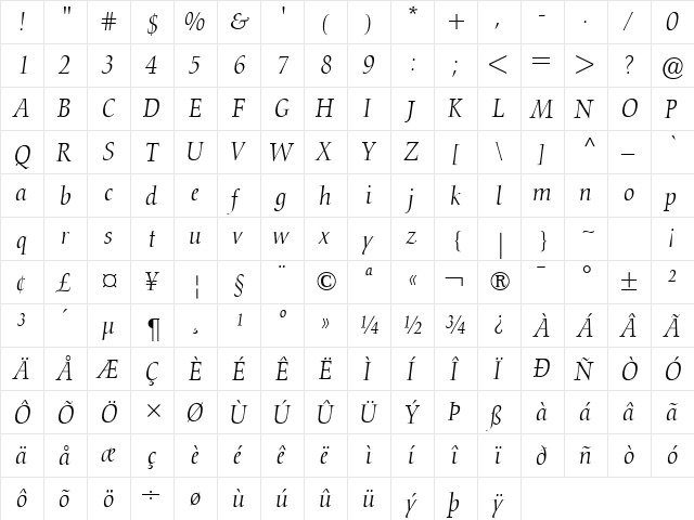 Conquista Light SSi Light Italic  glyph index