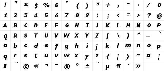 BaseNineC Bold Italic  glyph index