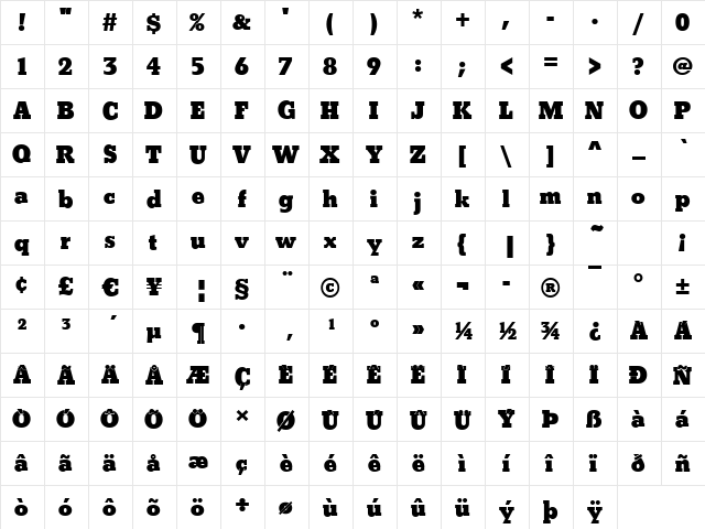 Boston-Poster-Xbold Regular  glyph index