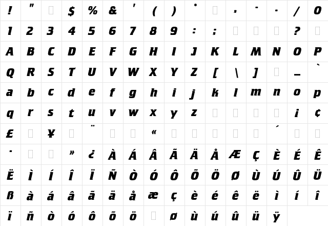Crillee Bold Italic Plain  glyph index