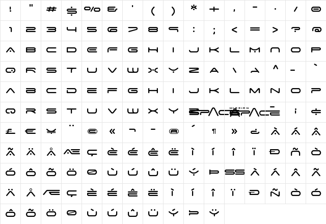Space Age Regular  glyph index