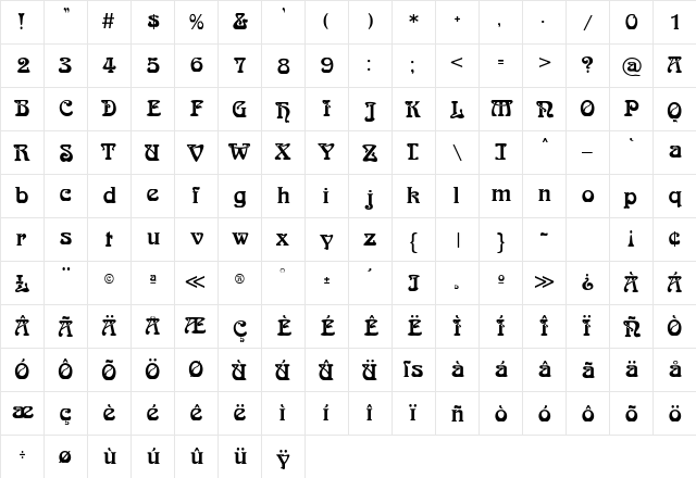 Bocklin Regular  glyph index