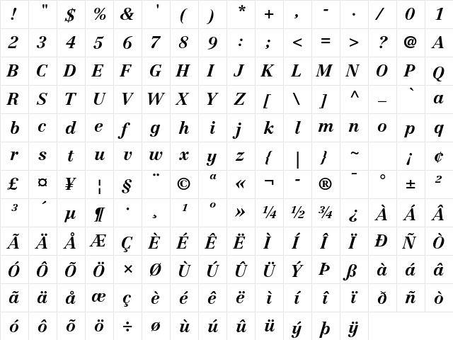 Centennial LT Std 76 Bold Italic  glyph index