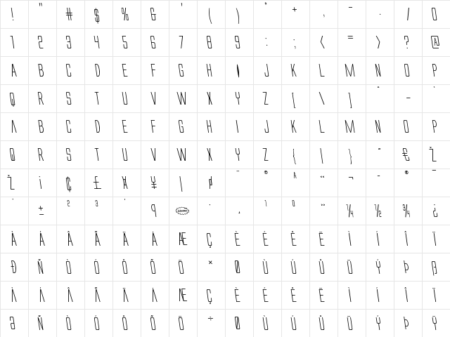 Alien League II Leftalic Italic  glyph index
